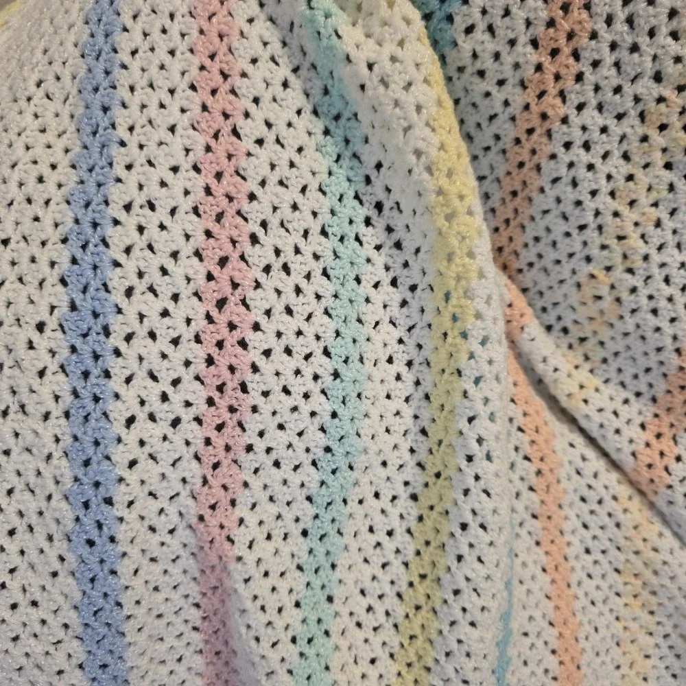 Vintage Handmade Afghan Knitted Blanket Throw‎ Multi Colored Stripe 44 X 44
